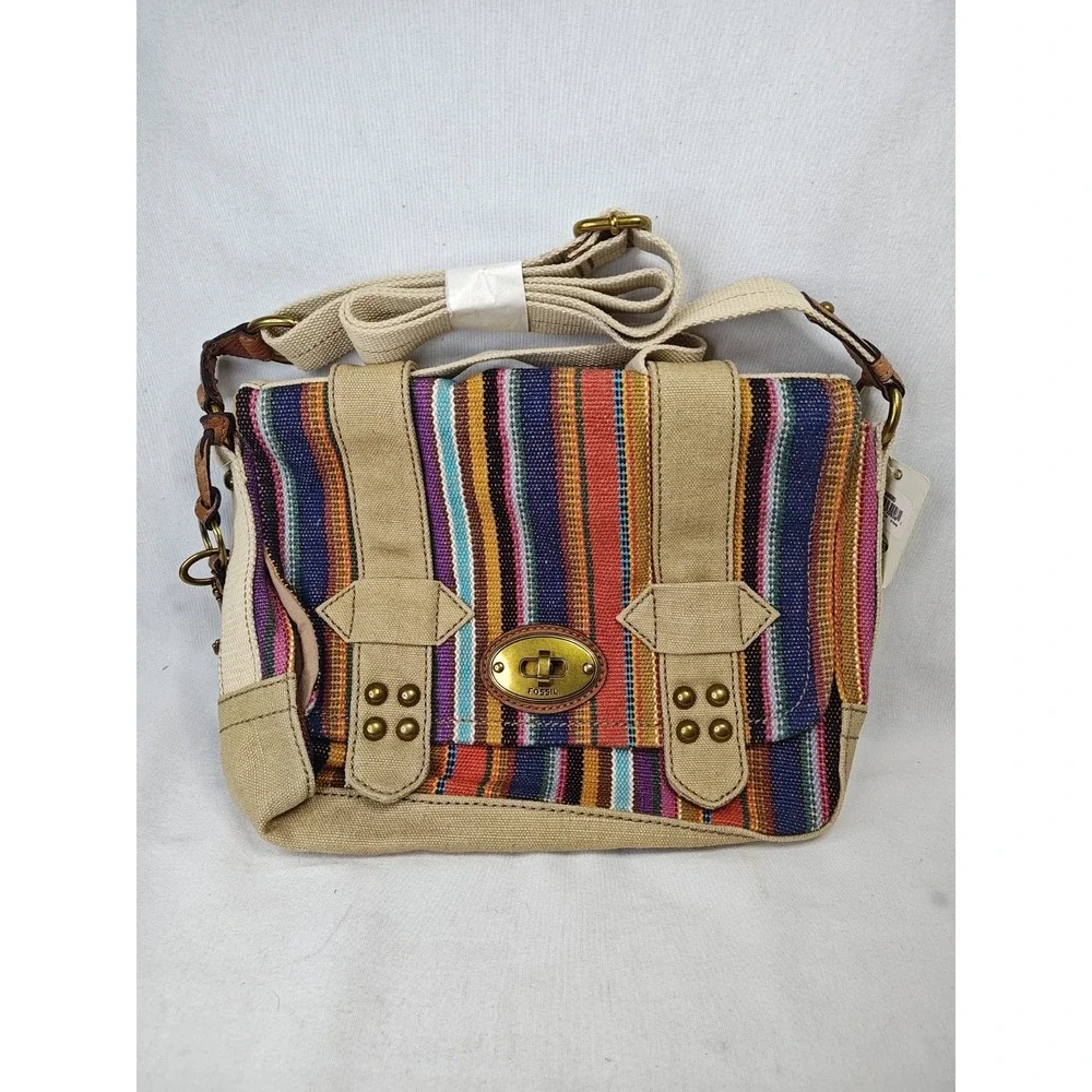Fossil Grayson Flap‎ Stripe Crossbody Bag NWT Colorful Woven Canvas Leather